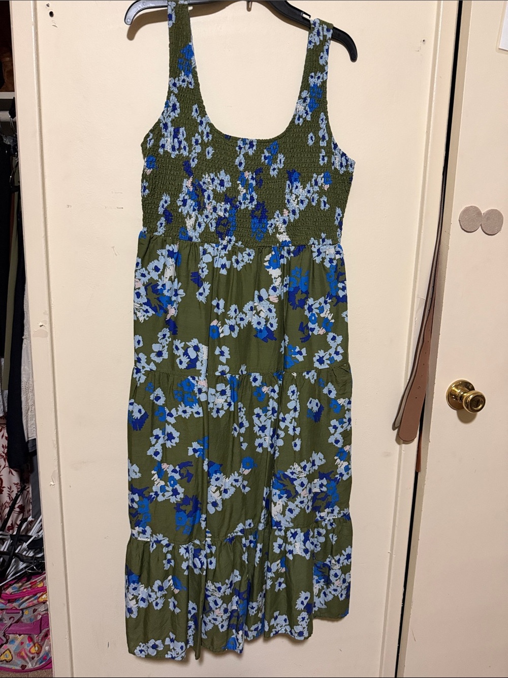 Olive Green Floral Midi Dress with Blue & White Blooms